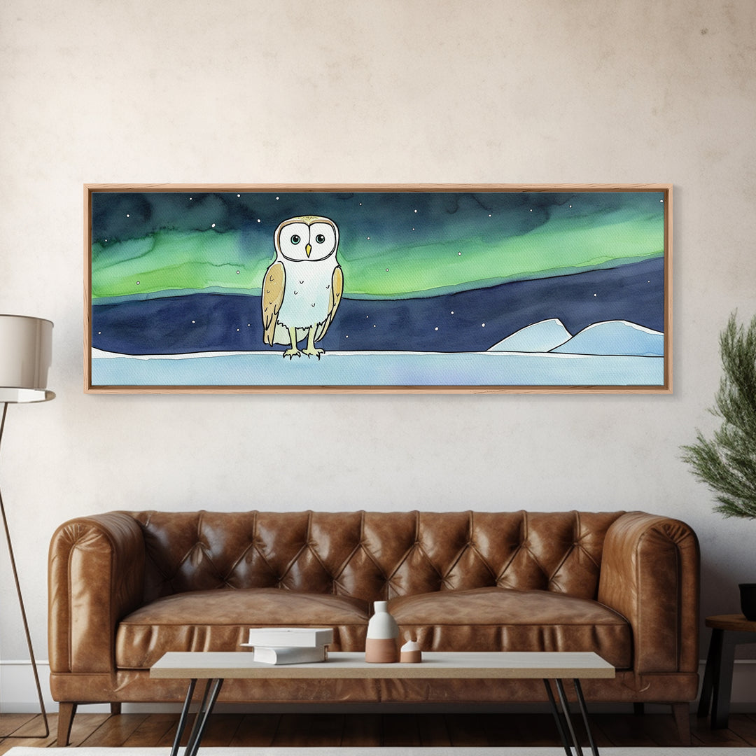Whimsical Barn Owl Under Aurora Wall Art, Arctic Night Canvas Print, Nursery Decor, Celestial Kids Room Gift, Bedroom Decor