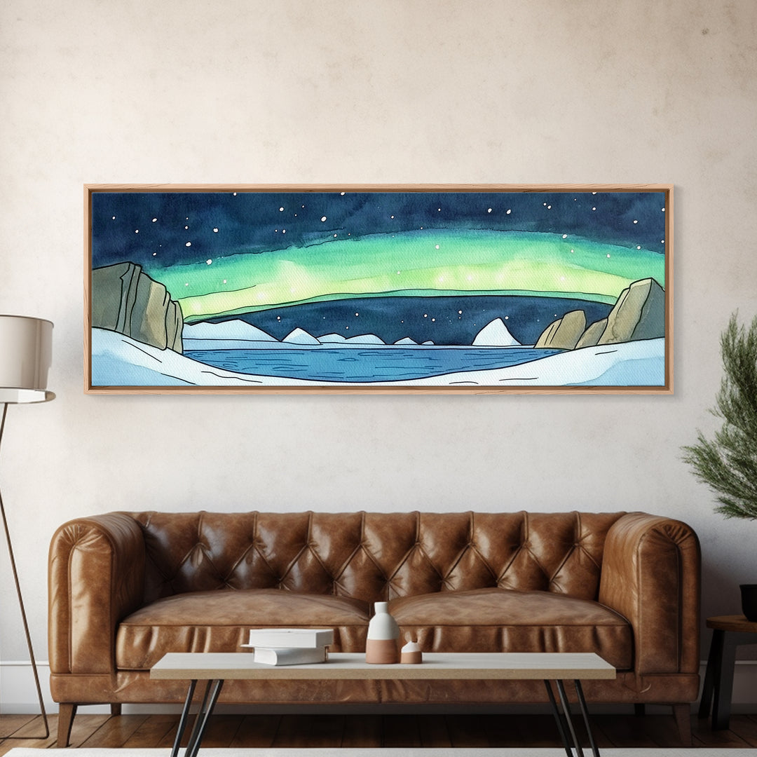 Arctic Aurora Over Icy Sea Wall Art, Northern Lights Landscape Canvas Print, Panoramic Coastal Decor, Statement Artwork Gift