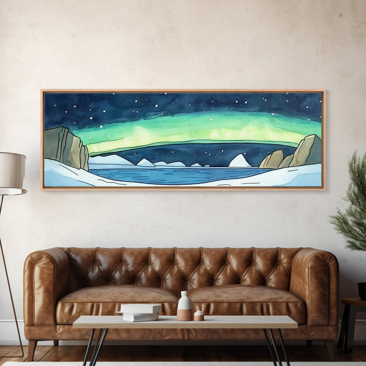 Arctic Aurora Over Icy Sea Wall Art, Northern Lights Landscape Canvas Print, Panoramic Coastal Decor, Statement Artwork Gift