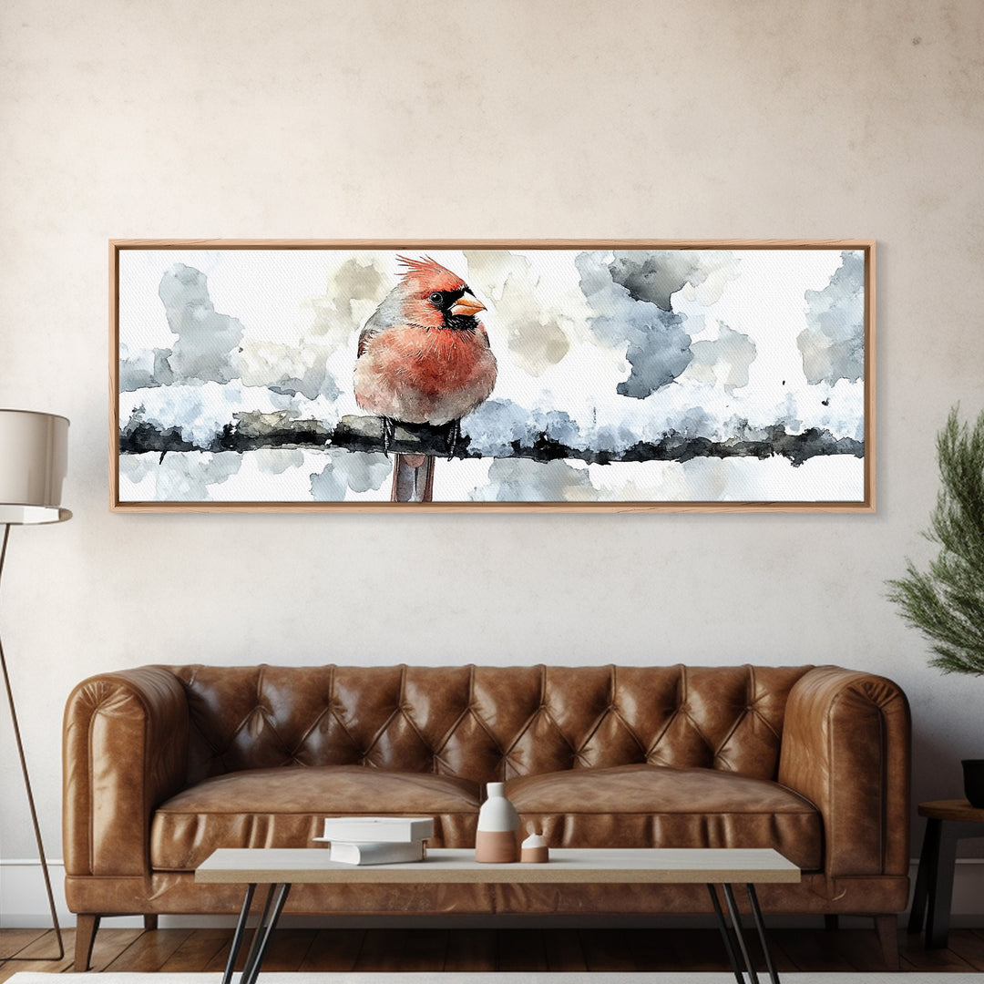 Snowy Red Cardinal On Fence Framed Canvas Print, Winter Bird Wall Art, Rustic Farmhouse Home Decor, Christmas Gift For Her