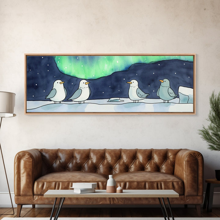 Penguins Under Northern Lights Canvas Print, Arctic Bird Wall Art, Winter Nursery Decor, Celestial Christmas Gift For Her