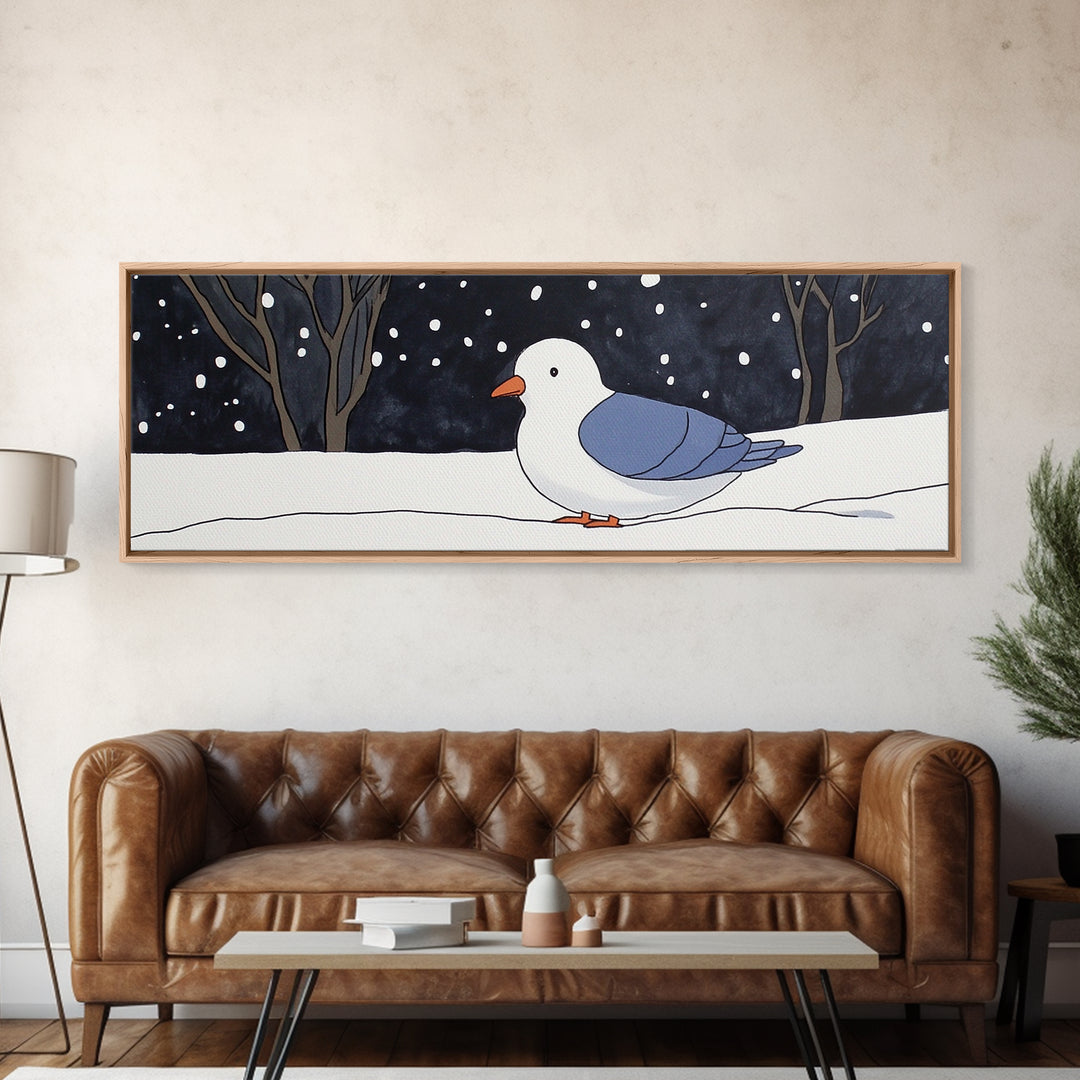 Snowy White Bird In Winter Forest Wall Art, Cozy Nursery Decor, Scandinavian Nature Print, Minimalist Bedroom Poster Gift
