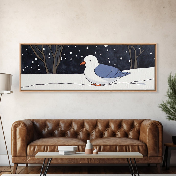 Snowy White Bird In Winter Forest Wall Art, Cozy Nursery Decor, Scandinavian Nature Print, Minimalist Bedroom Poster Gift