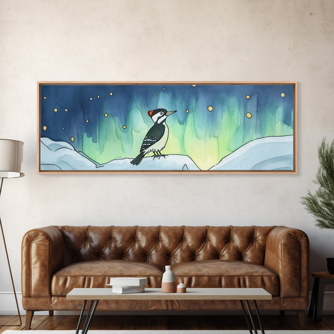 Aurora Woodpecker On Snowy Branch Canvas Print, Nordic Bird Wall Decor, Wildlife Art Print, Winter Nursery Decor Gift For Bird Lovers