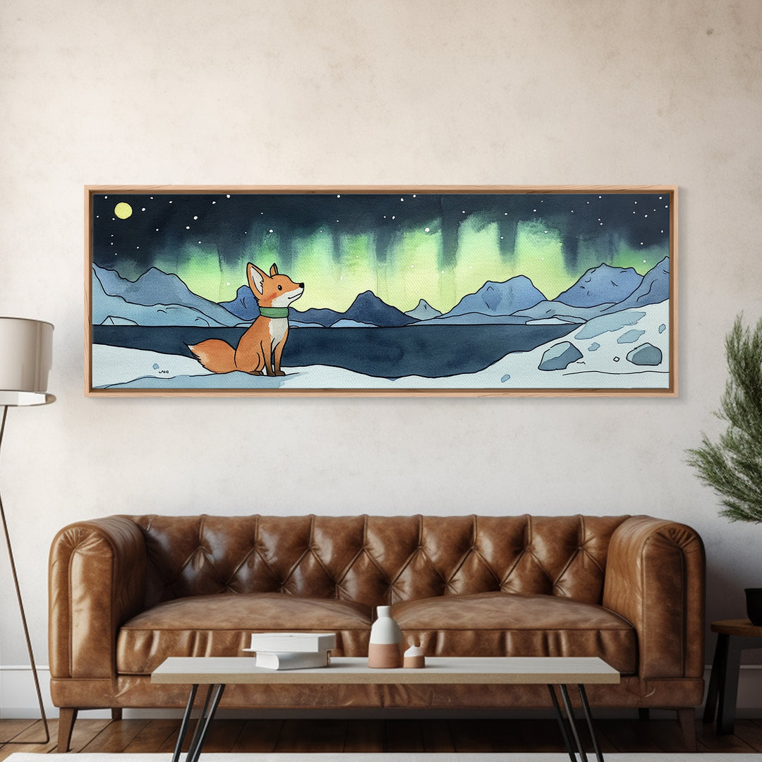 Fox Under Northern Lights By Mountain Lake Wall Art, Winter Landscape Print, Woodland Animal Decor, Cozy Cabin Gift For Nature Lovers
