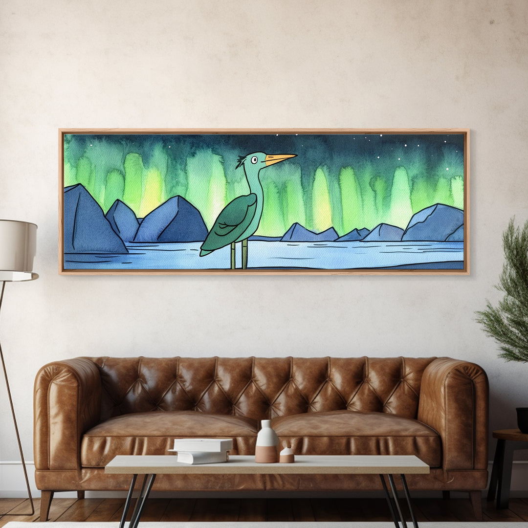 Green Heron Beneath Northern Lights Canvas Print, Arctic Lake Landscape Wall Decor, Japandi Bird Art, Modern Nursery Gift