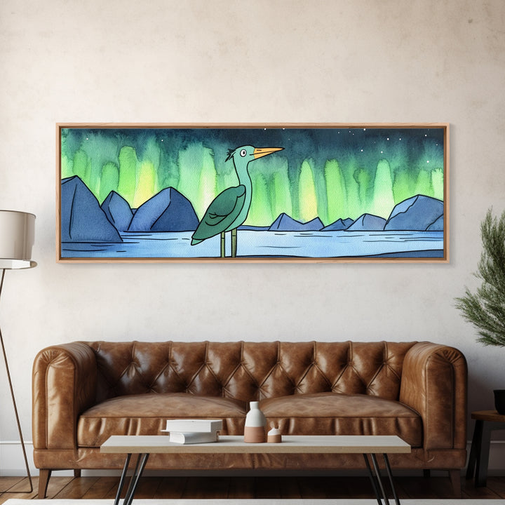 Green Heron Beneath Northern Lights Canvas Print, Arctic Lake Landscape Wall Decor, Japandi Bird Art, Modern Nursery Gift