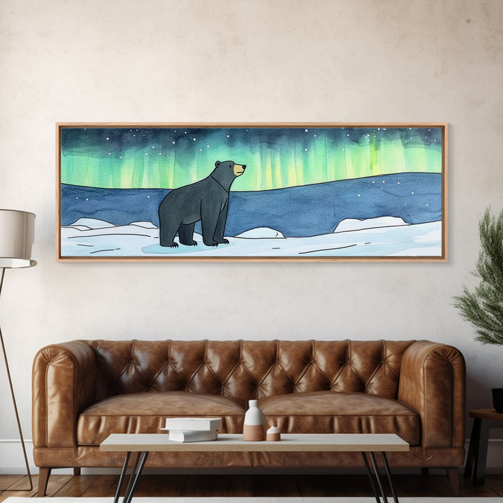 Polar Bear Under Northern Lights Wall Art, Arctic Wildlife Print, Winter Nursery Decor, Blue Green Landscape Gift For Cabin Decor