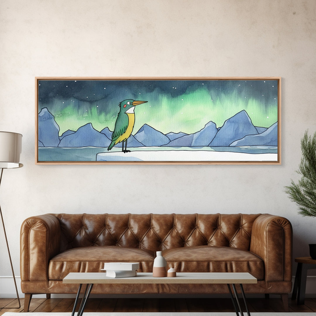 Green Kingfisher Under Northern Lights Wall Art, Arctic Bird Canvas Print, Wildlife Nursery Decor, Mountain Lake Art Print