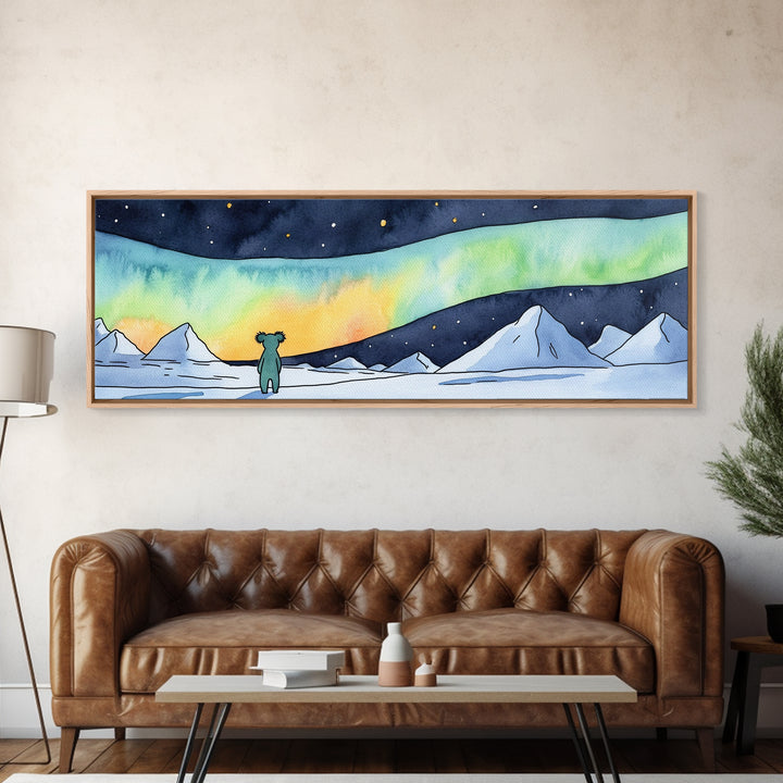 Tiny Bear Watching Aurora Canvas Print, Northern Lights Wall Art, Arctic Nursery Decor, Whimsical Winter Landscape Art Print