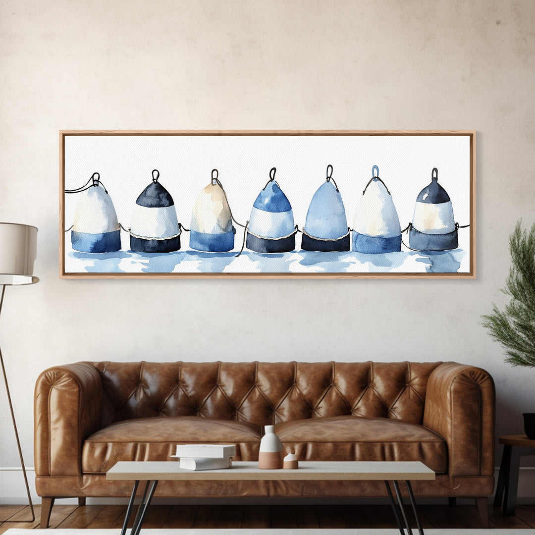 Blue And White Fishing Buoys Wall Art, Nautical Canvas Print, Coastal Bathroom Decor, Beach House Gallery Print, Ocean Wall Decor