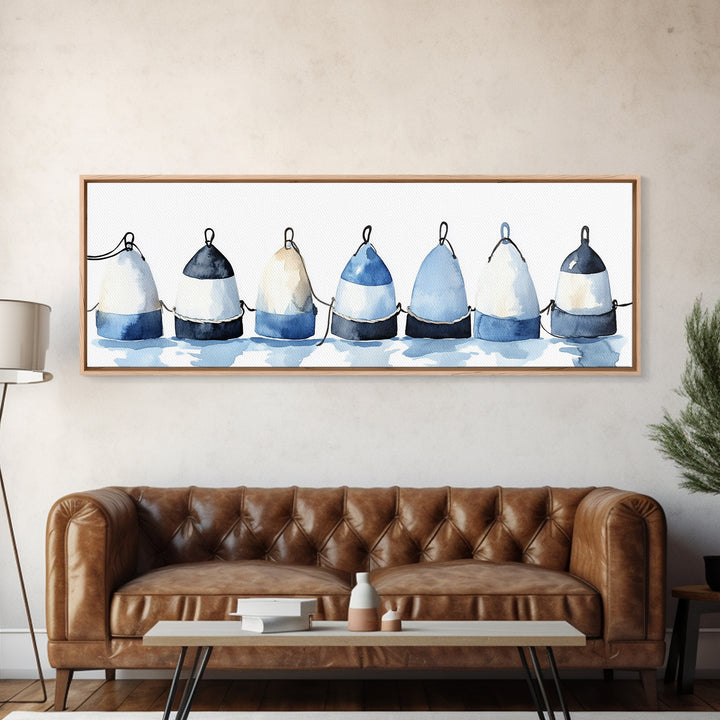 Blue And White Fishing Buoys Wall Art, Nautical Canvas Print, Coastal Bathroom Decor, Beach House Gallery Print, Ocean Wall Decor