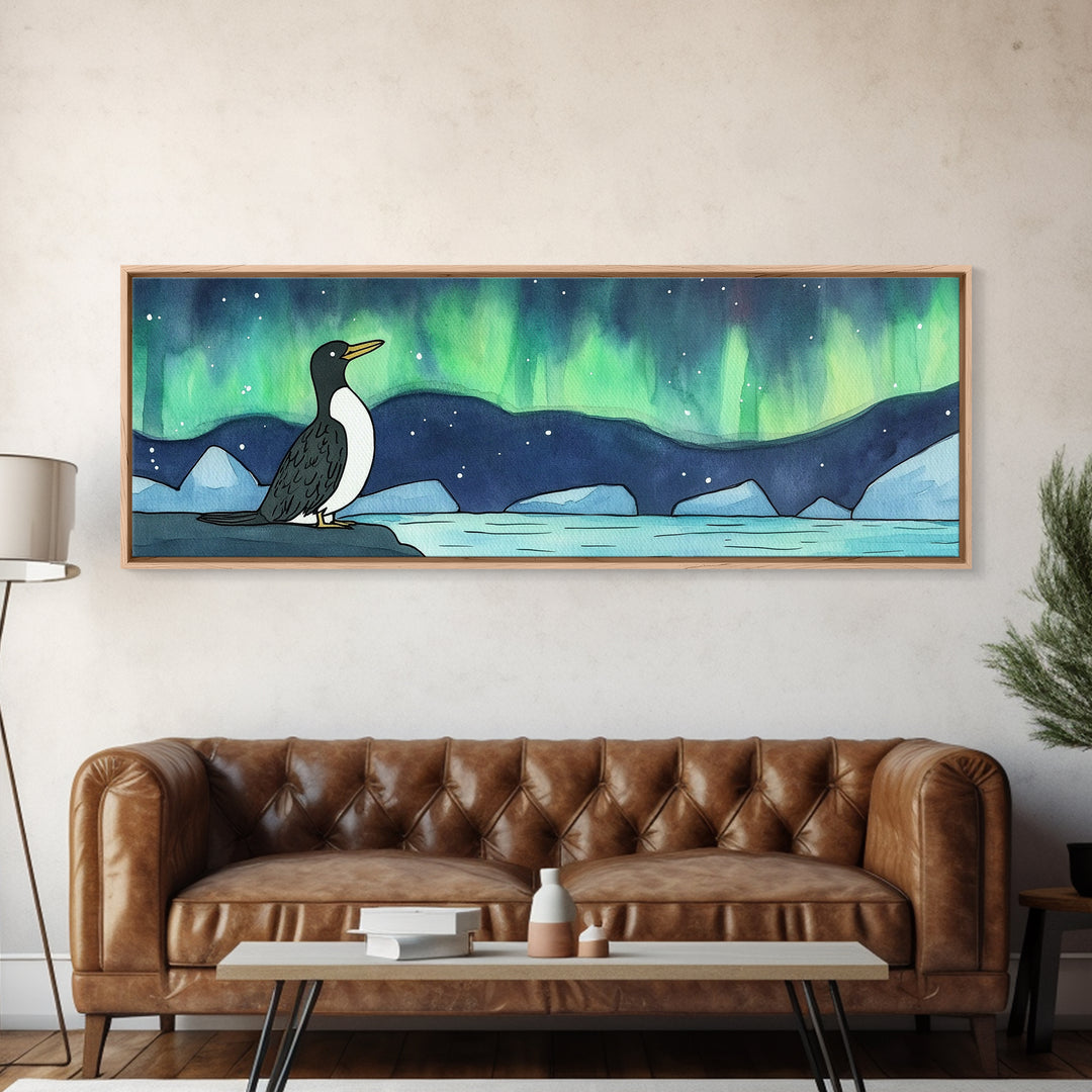 Penguin Under Northern Lights Wall Art, Arctic Bird Canvas Print, Whimsical Nursery Decor, Winter Ocean Landscape Art Print