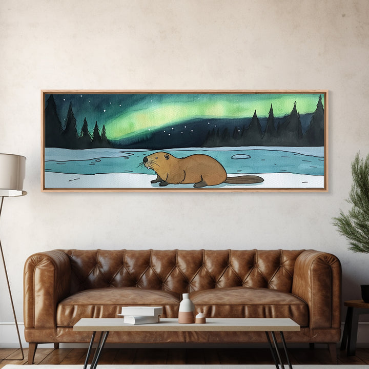 Beaver By Frozen Lake Wall Art, Northern Lights Canvas Print, Woodland Animal Decor, Rustic Cabin Winter Landscape Art Print