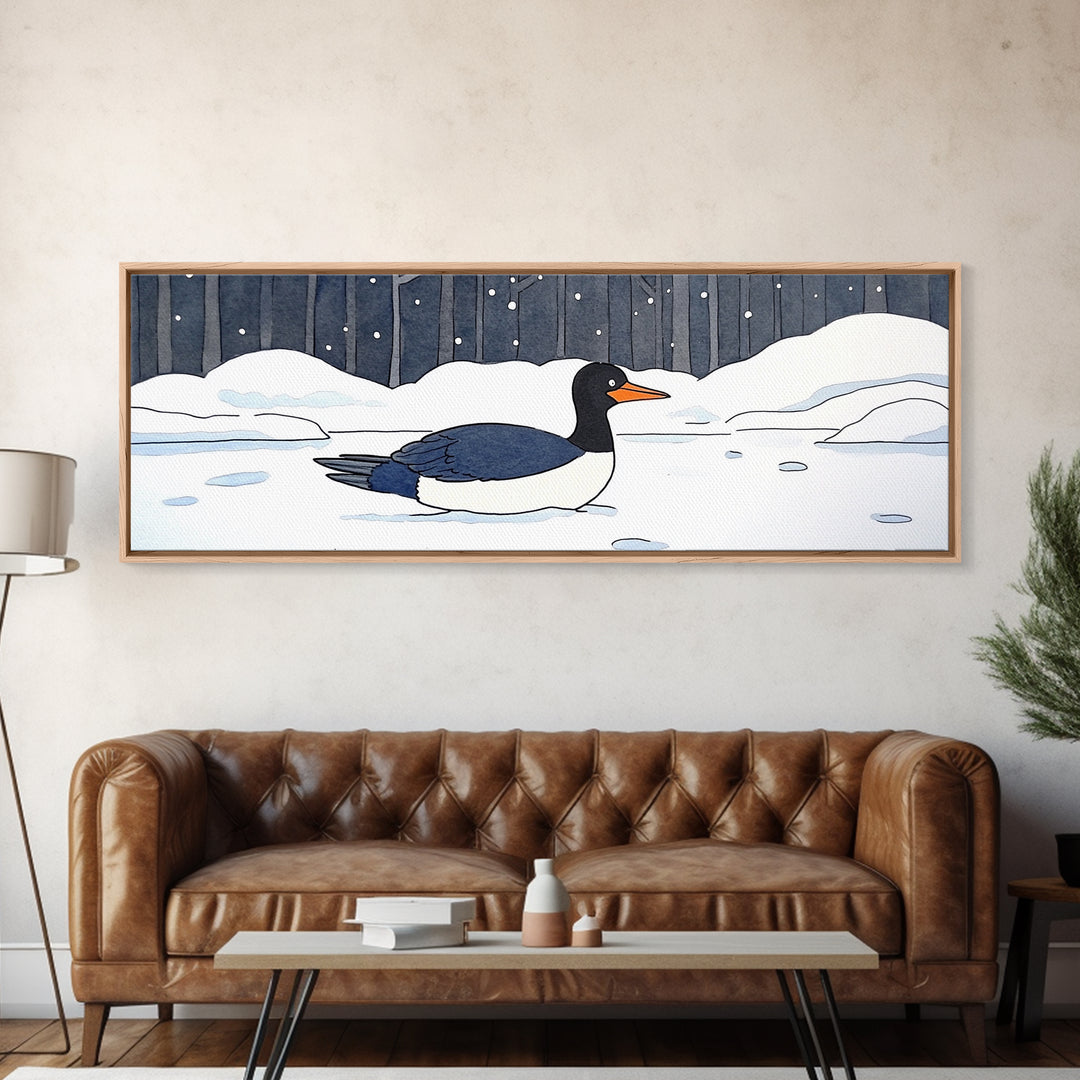 Black And White Duck In Snow Wall Art, Winter Bird Canvas Print, Minimalist Nursery Decor, Cozy Lake House Wildlife Art Print