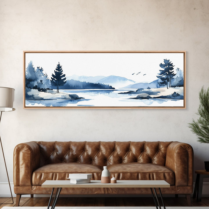 Blue Winter Lake And Pine Trees Wall Art, Watercolor Mountain Landscape Print, Coastal Cabin Decor, Serene Living Room Art