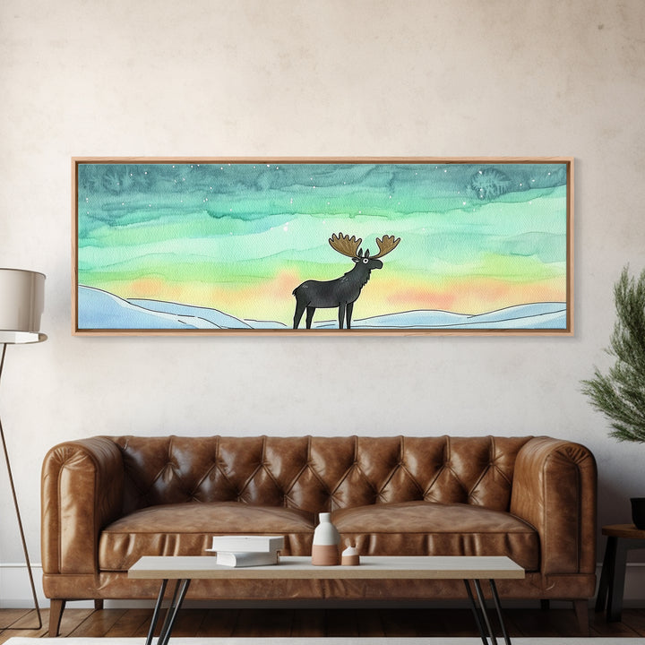 Moose Beneath Northern Lights Framed Canvas Print, Aurora Borealis Wall Art, Winter Wildlife Decor, Cabin Nursery Art Gift
