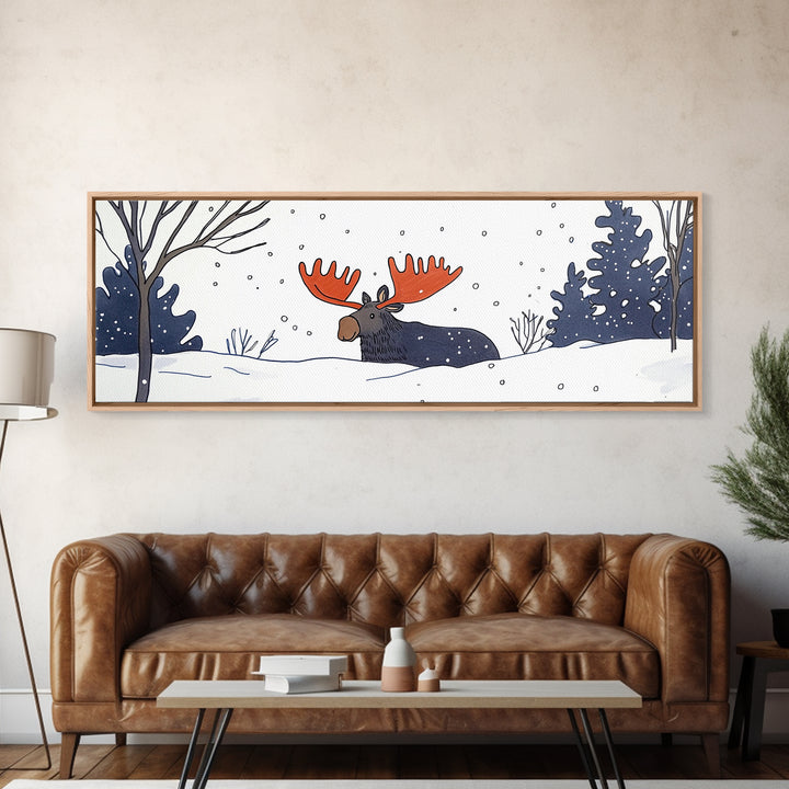 Whimsical Moose In Falling Snow Wall Art, Winter Animal Canvas Print, Cute Nursery Room Decor, Woodland Cabin Gift For Kids