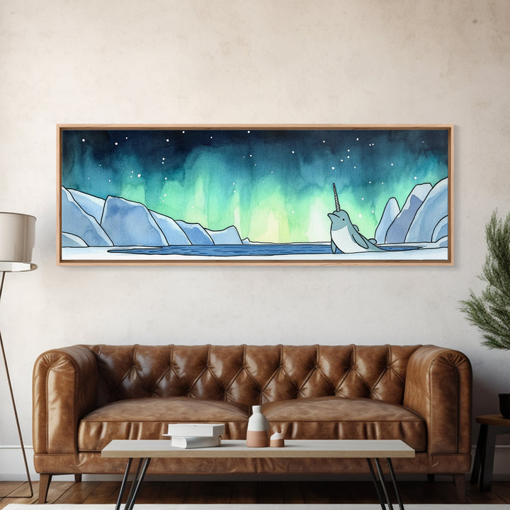 Narwhal In Icy Arctic Waters Wall Art, Northern Lights Ocean Print, Whimsical Nursery Decor, Coastal Kids Room Art Gift