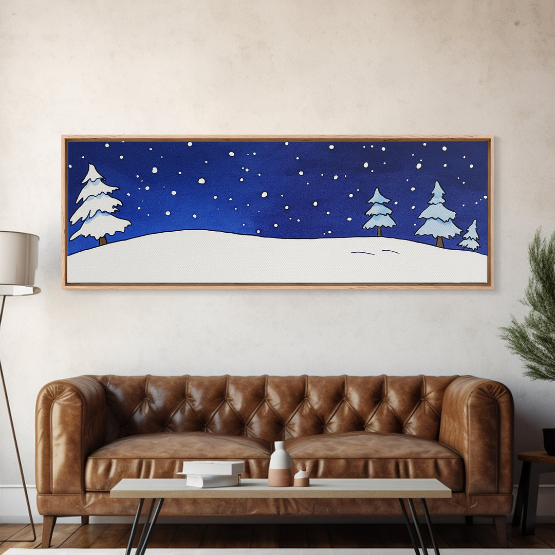 Snowy Pine Hill Under Starry Night Canvas Print, Minimal Winter Landscape, Nursery Wall Art, Cozy Bedroom Decor Gift Idea