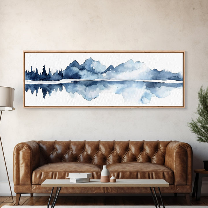 Blue Mountain Lake Reflection Canvas Print, Watercolor Landscape Wall Art, Modern Coastal Decor, Calm Living Room Art Print
