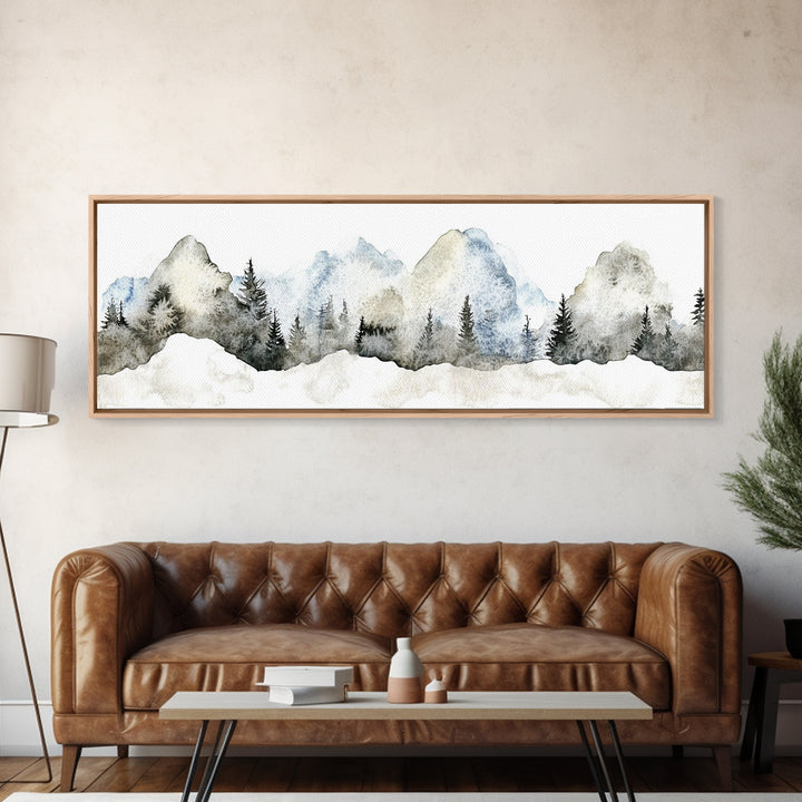 Misty Blue Mountains With Evergreen Pines Wall Art, Watercolor Landscape Print, Neutral Nature Decor, Japandi Bedroom Art