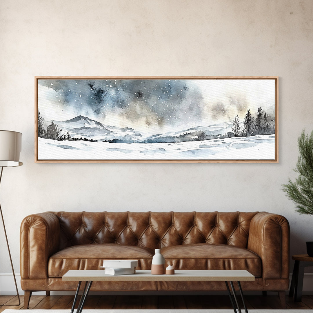 Snowy Mountain Valley Beneath Starry Sky Wall Art, Winter Landscape Painting, Rustic Nature Decor, Cabin Wall Decor Gift