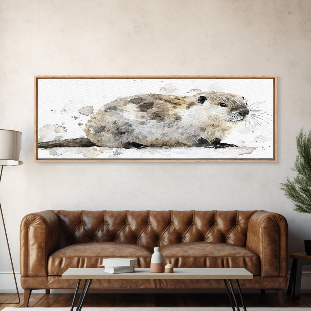 Cute River Otter In Snow Canvas Print, Watercolor Animal Art, Woodland Nursery Decor, Wildlife Wall Art, Housewarming Gift