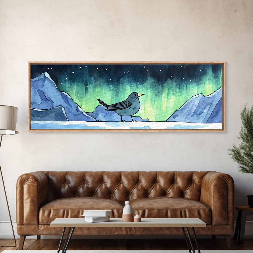 Aurora Bird On Snowy Arctic Mountains Canvas Print, Northern Lights Wall Art, Whimsical Animal Nursery Decor, Winter Gift