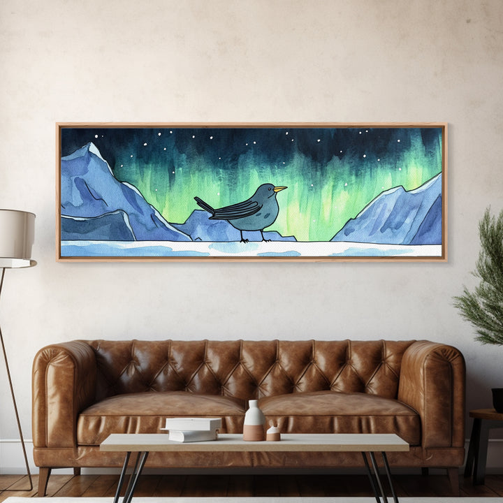 Aurora Bird On Snowy Arctic Mountains Canvas Print, Northern Lights Wall Art, Whimsical Animal Nursery Decor, Winter Gift