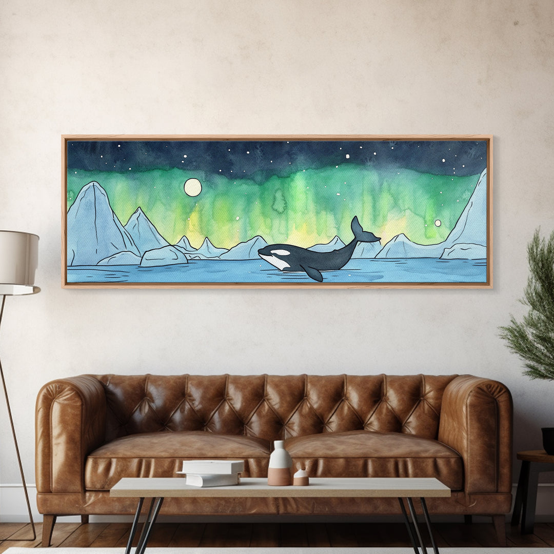 Orca Whale Under Northern Lights Wall Art, Arctic Seascape Canvas Print, Ocean Animal Art, Nautical Nursery Decor Gift Idea