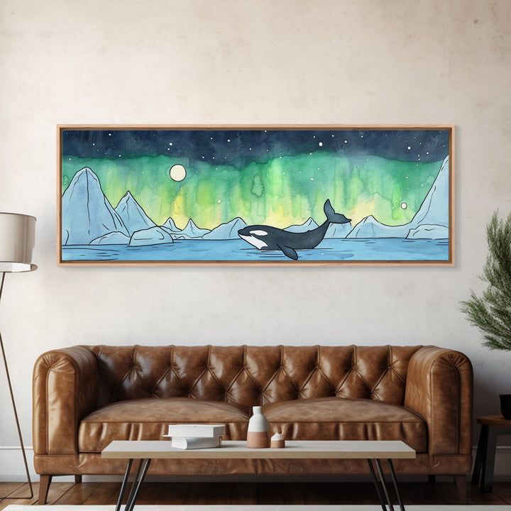 Orca Whale Under Northern Lights Wall Art, Arctic Seascape Canvas Print, Ocean Animal Art, Nautical Nursery Decor Gift Idea