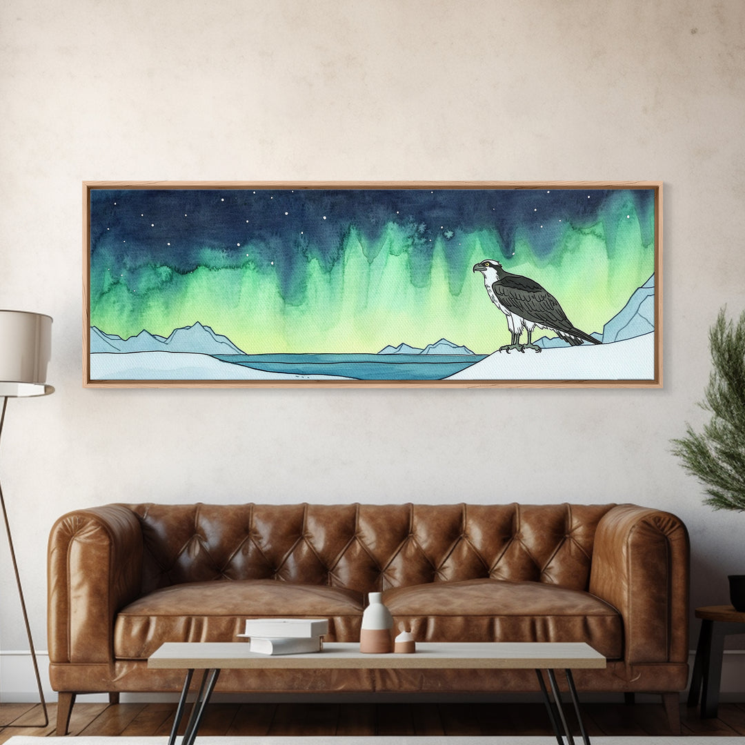 Osprey Over Icy Shore And Northern Lights Wall Art, Arctic Bird Canvas Print, Wildlife Nature Decor, Rustic Cabin Gift For Him