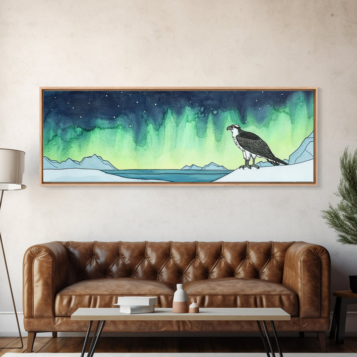 Osprey Over Icy Shore And Northern Lights Wall Art, Arctic Bird Canvas Print, Wildlife Nature Decor, Rustic Cabin Gift For Him