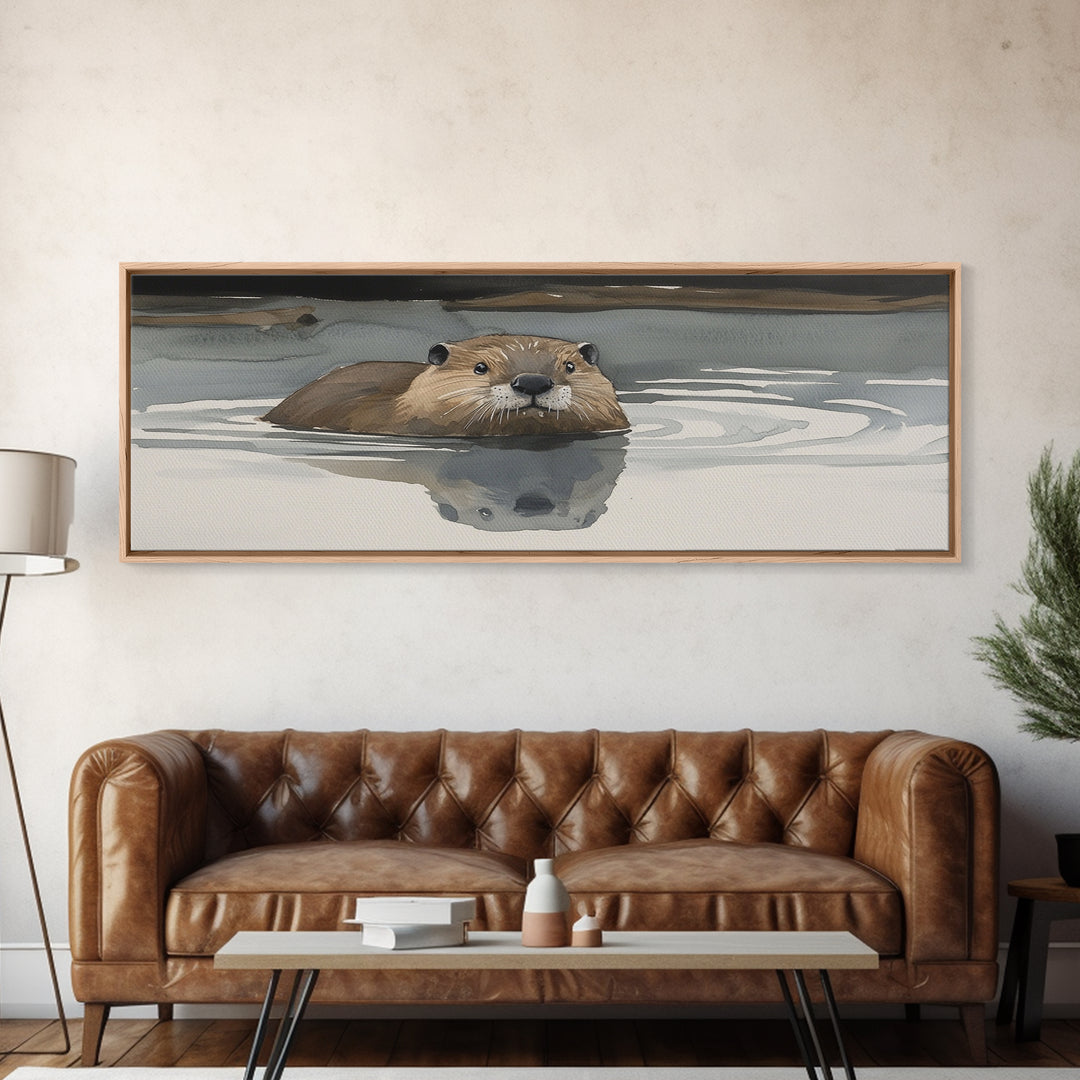 Swimming Otter In Moody Water Wall Art, Wildlife Canvas Print, Cozy Cabin Rustic Lake House Decor, Animal Lover Gift For Her