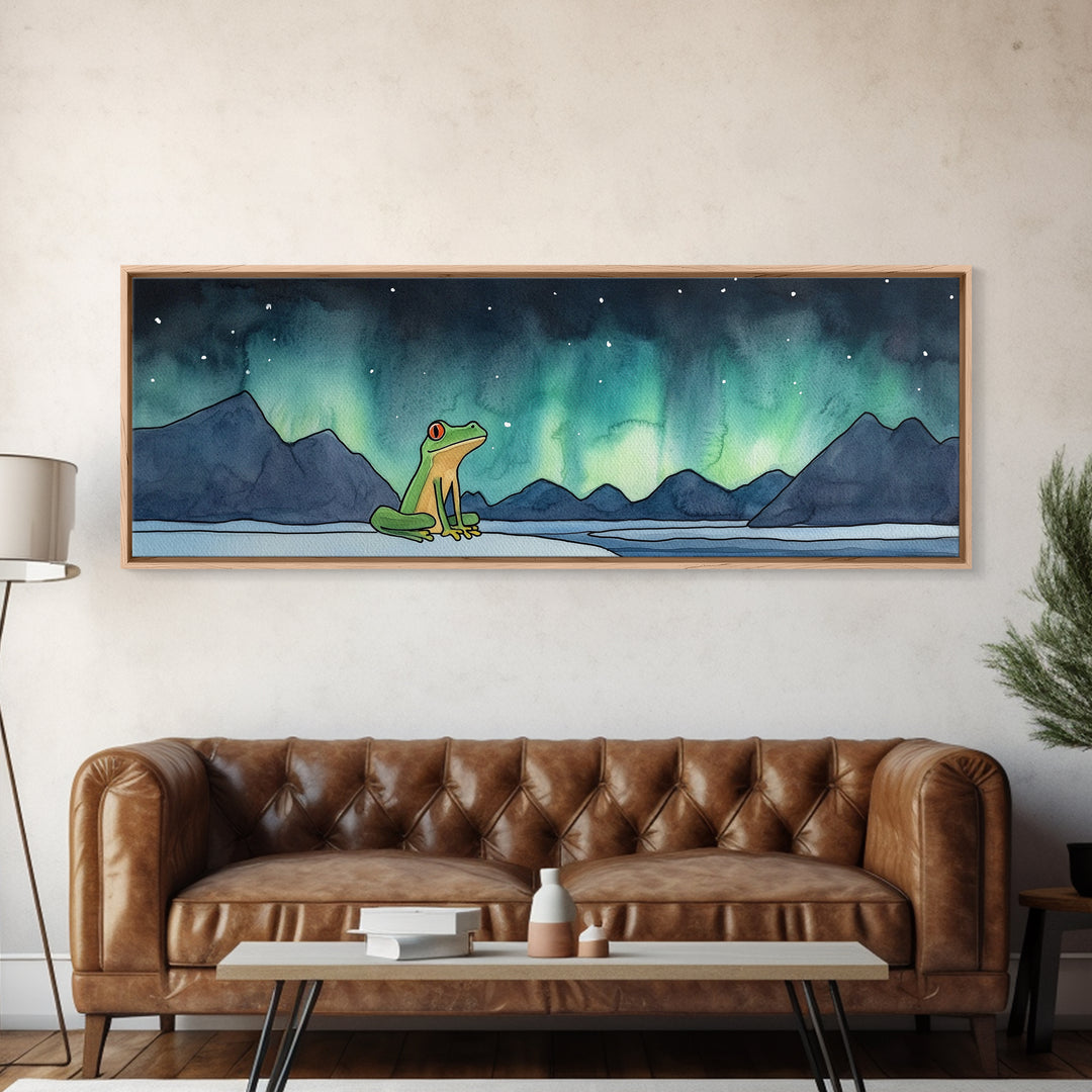 Green Frog Under Northern Lights Wall Art, Whimsical Animal Print, Mountain Lake Nursery Decor, Kids Room Wall Decor Gift