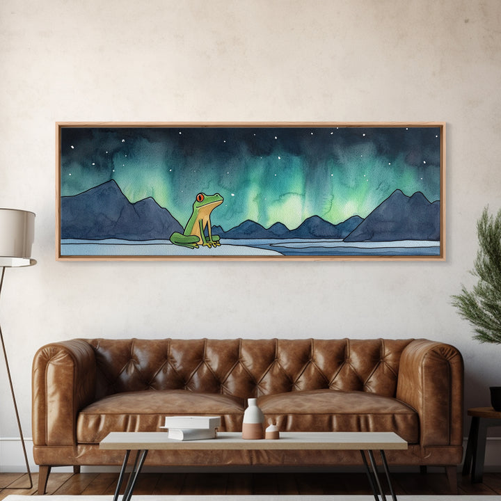 Green Frog Under Northern Lights Wall Art, Whimsical Animal Print, Mountain Lake Nursery Decor, Kids Room Wall Decor Gift