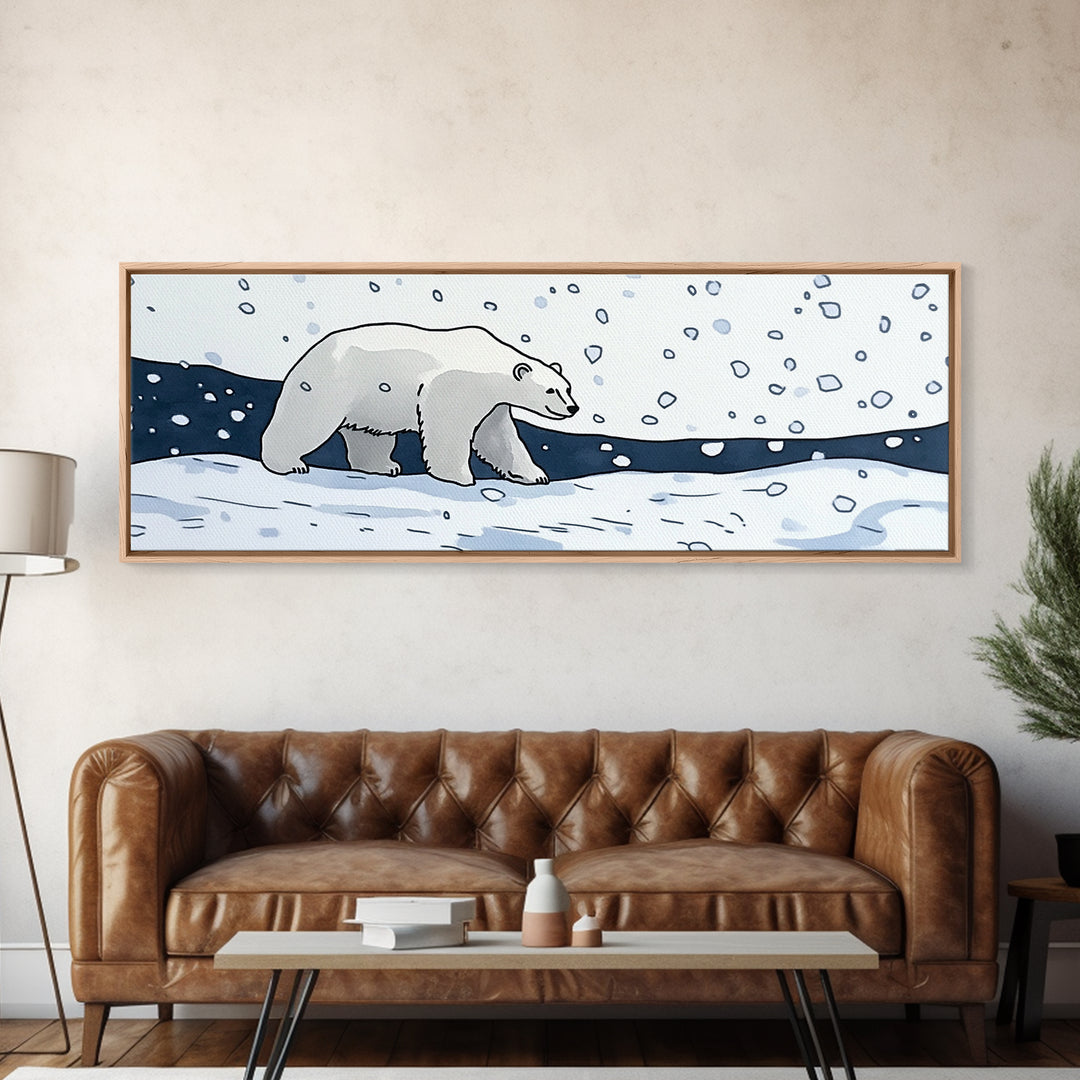 Polar Bear Walking In Falling Snow Canvas Print, Arctic Animal Wall Art, Winter Nursery Decor, Kids Room Wall Decor, Cabin Gift For Her