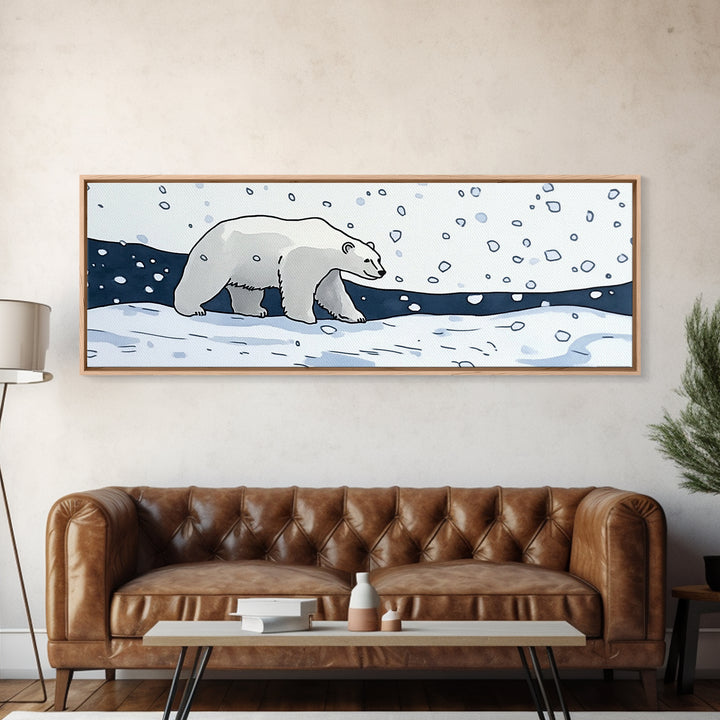 Polar Bear Walking In Falling Snow Canvas Print, Arctic Animal Wall Art, Winter Nursery Decor, Kids Room Wall Decor, Cabin Gift For Her