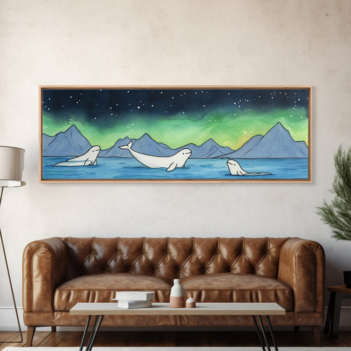 Beluga Whales Under Northern Lights Wall Art, Arctic Ocean Canvas Print, Wildlife Nursery Decor, Coastal Kids Room Art Print