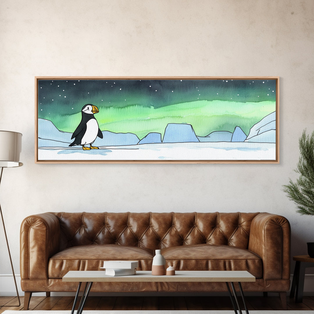 Puffin On Icy Shore Under Northern Lights Wall Art, Arctic Bird Canvas Print, Wildlife Nursery Decor, Coastal Wall Decor