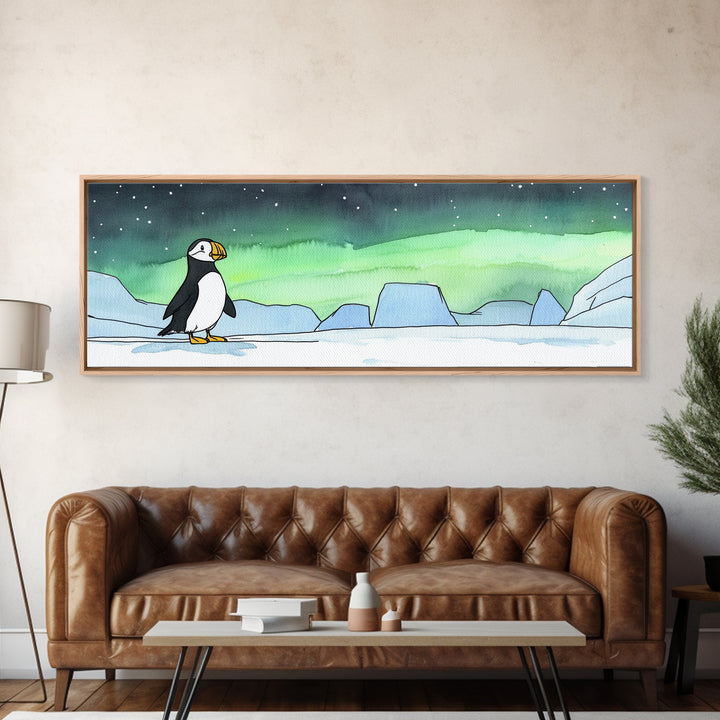 Puffin On Icy Shore Under Northern Lights Wall Art, Arctic Bird Canvas Print, Wildlife Nursery Decor, Coastal Wall Decor
