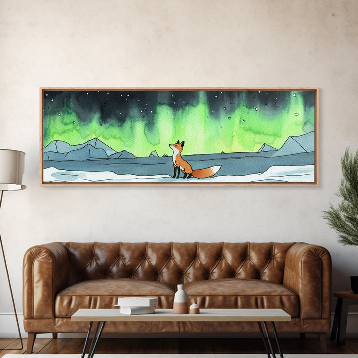 Fox Watching Northern Lights Wall Art, Arctic Wildlife Canvas Print, Woodland Animal Nursery Decor, Winter Landscape Print