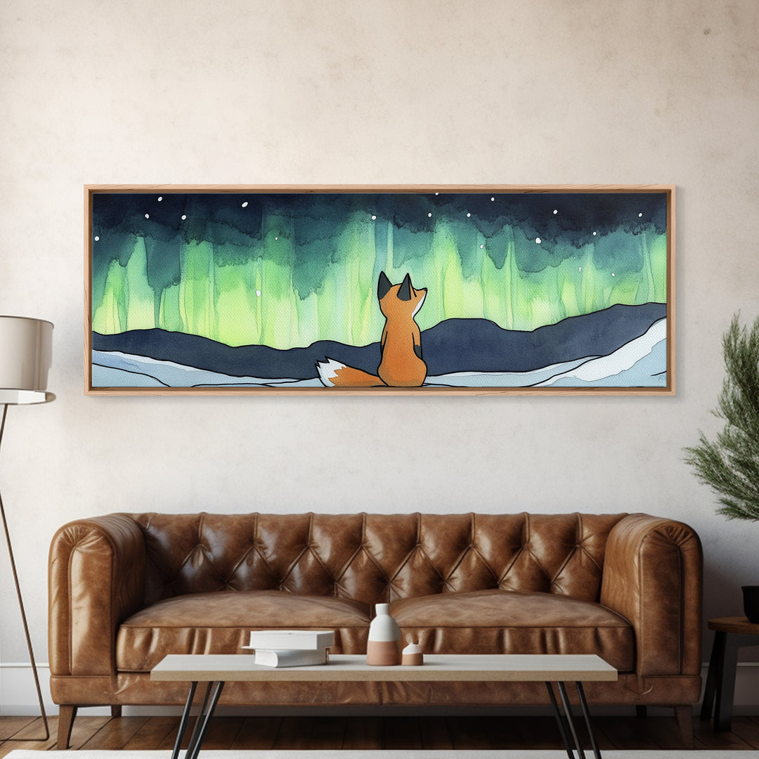 Fox Beneath Aurora Borealis Canvas Print, Winter Woodland Wall Art, Arctic Animal Decor, Cozy Nursery Art Print, Kids Room Decor