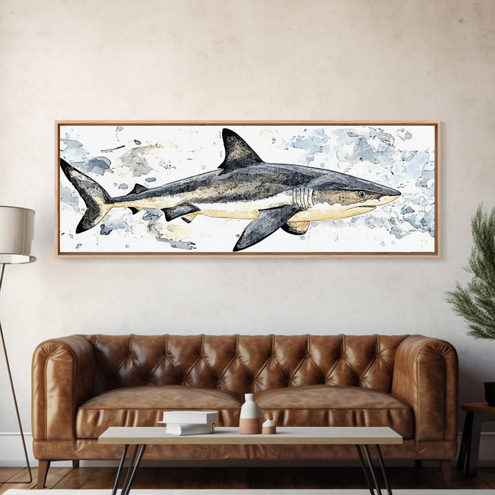 Great White Shark Watercolor Canvas Print, Ocean Wildlife Wall Art, Nautical Bathroom Decor, Coastal Kids Room Art Print