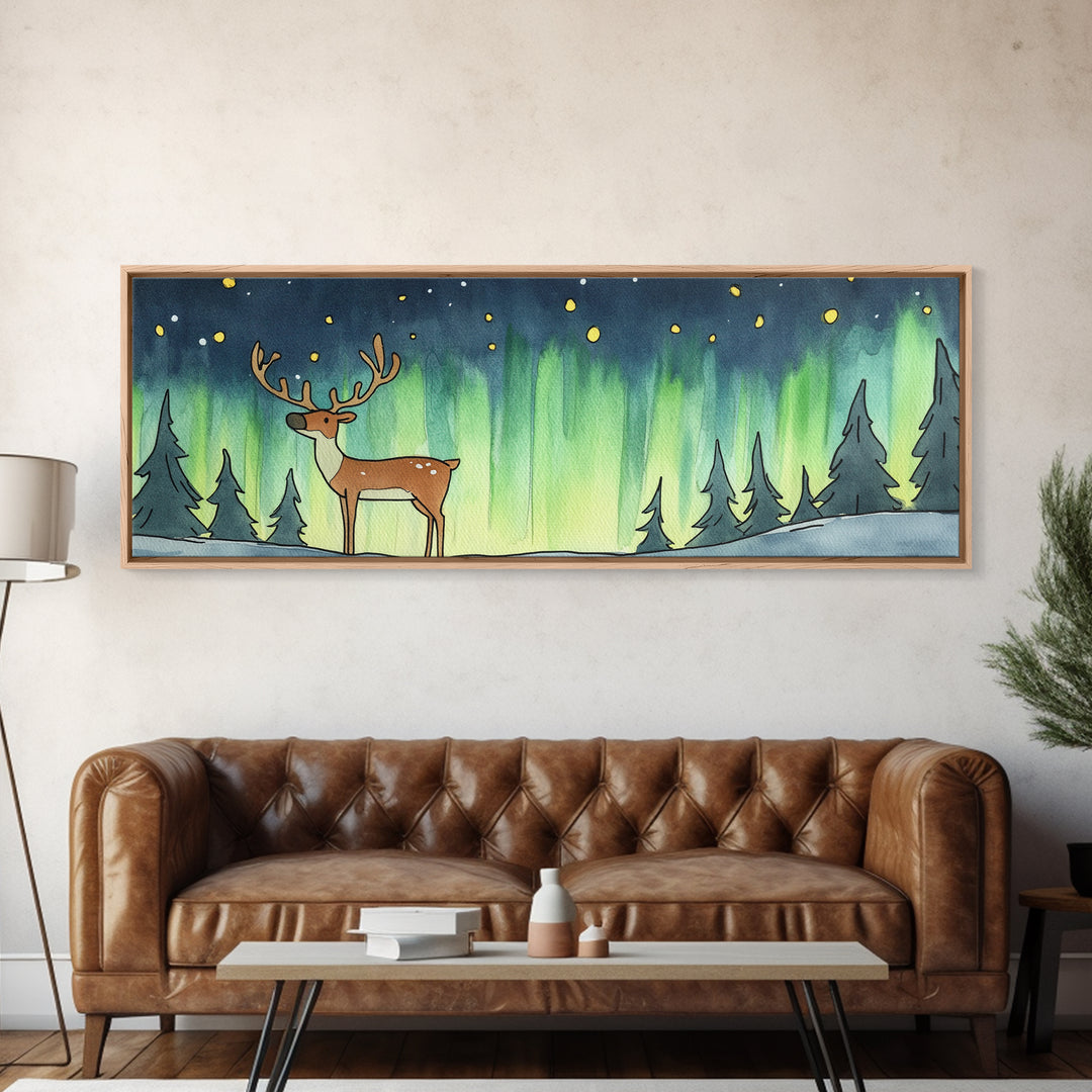 Deer Under Northern Lights Wall Art, Winter Forest Canvas Print, Rustic Wildlife Decor, Woodland Nursery Art Print, Cabin Wall Decor