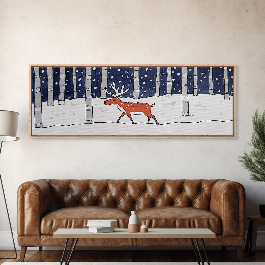 Snowy Birch Forest Reindeer Wall Art, Whimsical Woodland Animal Print, Winter Nursery Decor, Rustic Cabin Home Decor Gift