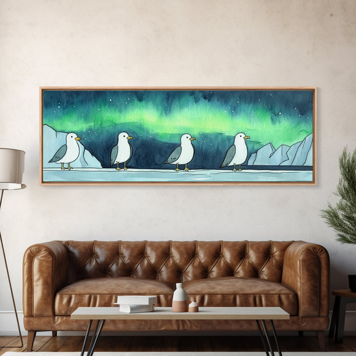 Northern Lights Penguin Wall Art, Cute Arctic Animal Print, Whimsical Nursery Decor, Coastal Ocean Home Decor Gift For Her