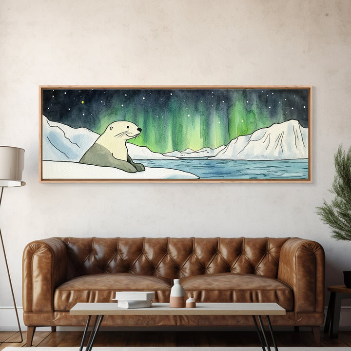 Polar Bear Northern Lights Wall Art, Arctic Wildlife Print, Winter Landscape Decor, Coastal Ocean Nursery Wall Decor Gift