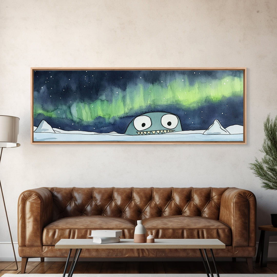 Cute Sea Monster Northern Lights Wall Art, Whimsical Arctic Print, Kids Room Decor, Playroom Nursery Wall Decor Gift For Kids